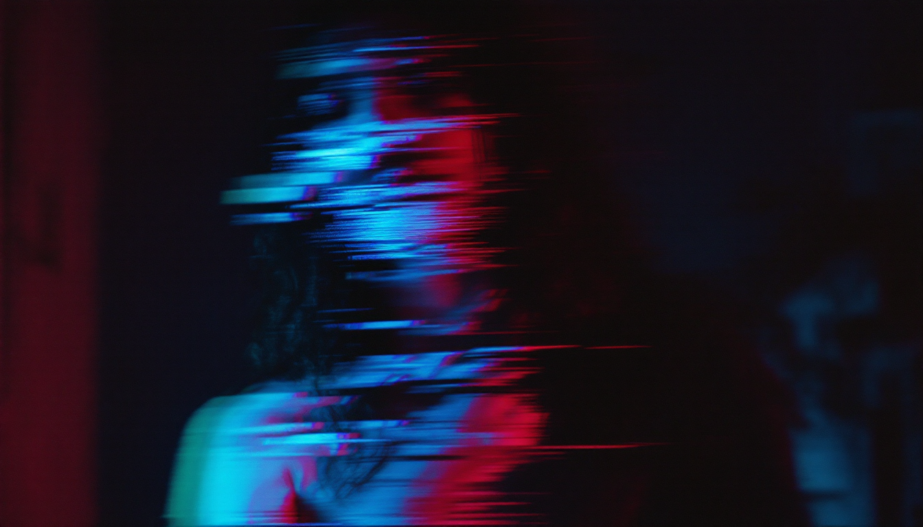 A corrupted video still with RGB channel split and horizontal datamosh tears in cyan and magenta over dark.
