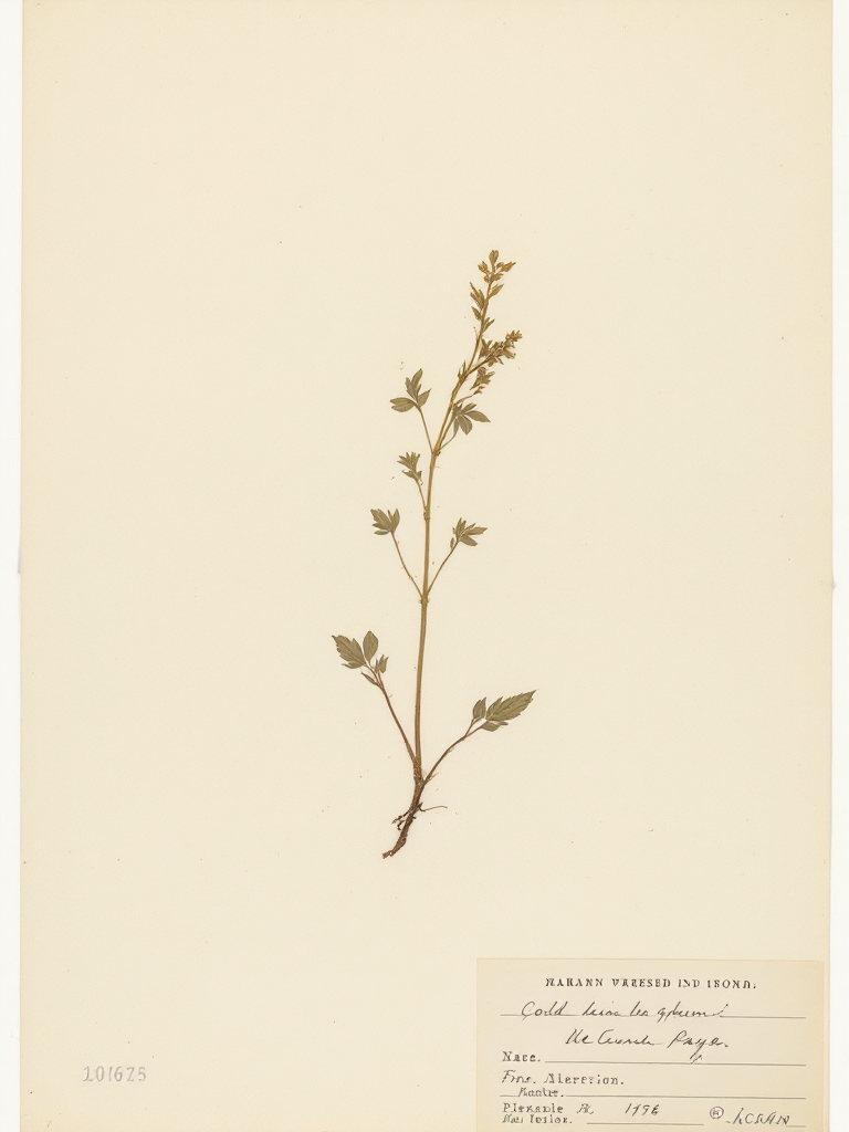 A single dried botanical specimen pressed and pinned to a pale herbarium sheet, sage-toned and archival.