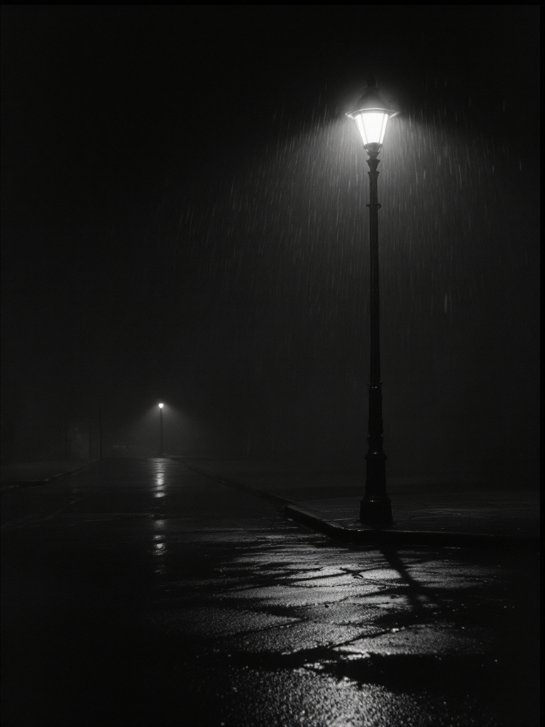 A rain-wet street corner in deep shadow, lit by a single source, in high-contrast noir monochrome.