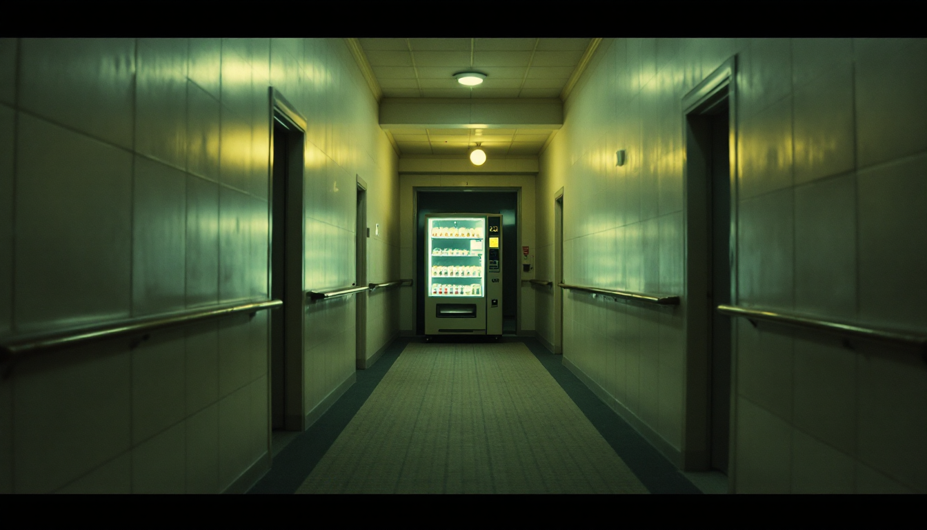 An empty fluorescent-lit corridor at an indeterminate hour, a glowing vending machine at the far end against pale institutional walls.