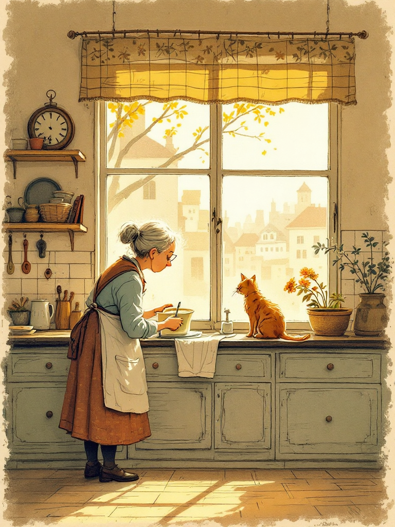 A hand-illustrated plate of an old woman washing a sunlit kitchen window while a cat watches, a quiet town visible beyond.