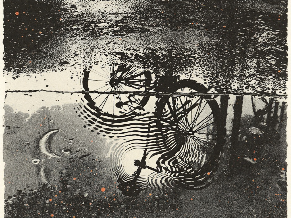 Photocopied punk zine panel, a puddle reflecting a rippling bicycle image as if in motion, wet street surface, halftone dot texture, deep shadow, spot red-or...