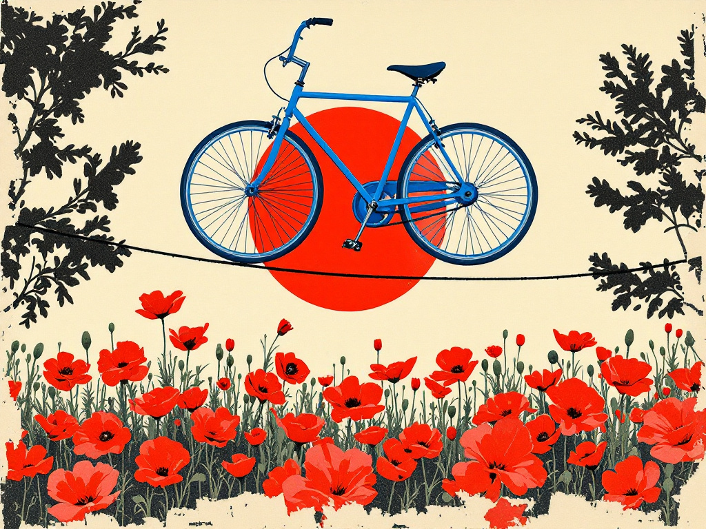 Punk zine cut-and-paste collage in the style of 1977 Jamie Reid, a bright blue bicycle balanced on a tightrope over a field of red poppies, photocopied halft...