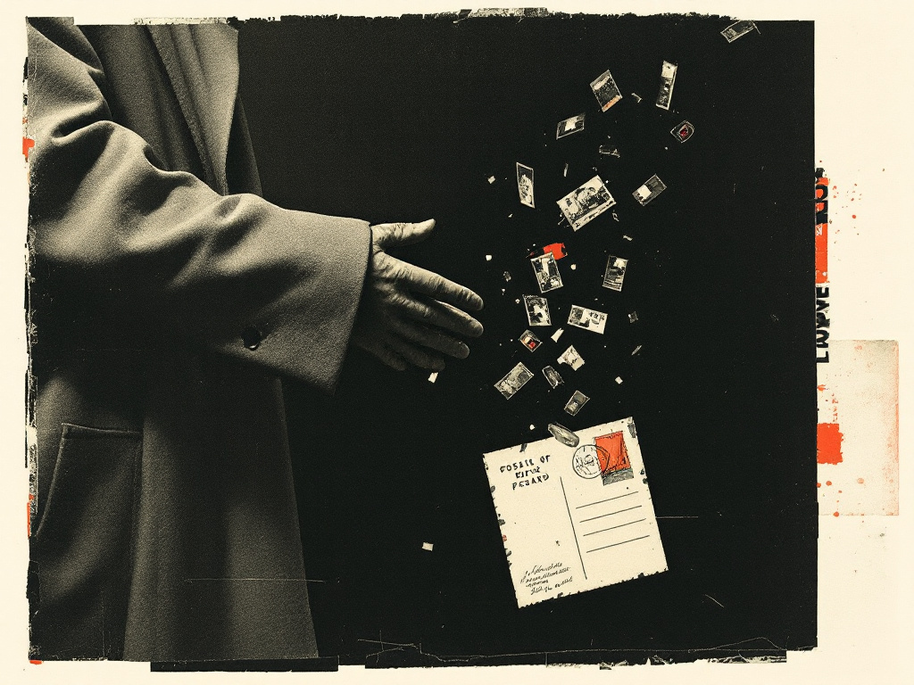 DIY risograph collage fragment, a gray overcoat sleeve reaching toward a falling postcard, high-contrast xerox grain, misregistration, raw hand-cut photo edg...