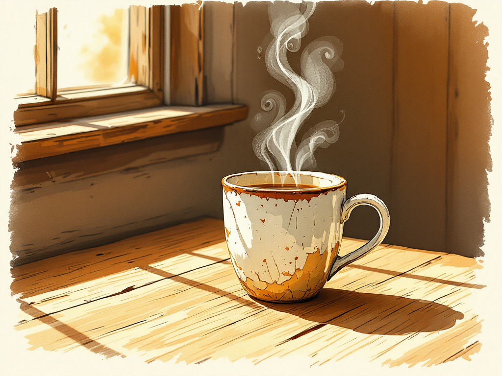 Hand-illustrated children's book plate in the style of Edward Ardizzone, a chipped ceramic coffee mug on a worn wooden table, warm morning sunlight raking ac...