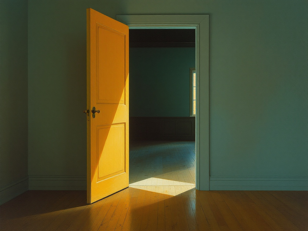 Edward Hopper composition, an open interior doorway seen from inside a bare room, late afternoon light slanting through an adjacent window casting a long tra...