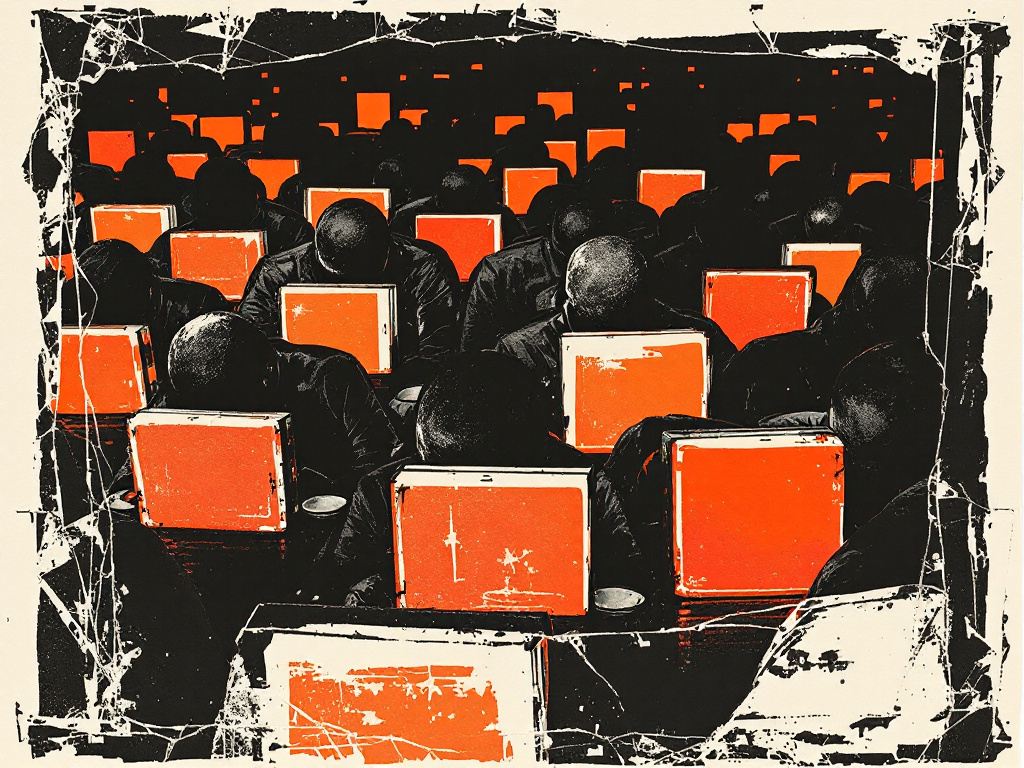 High-contrast riso-printed collage, a crowded coffee shop interior populated by faceless heads all bent over glowing rectangles, bodies pressed together yet...