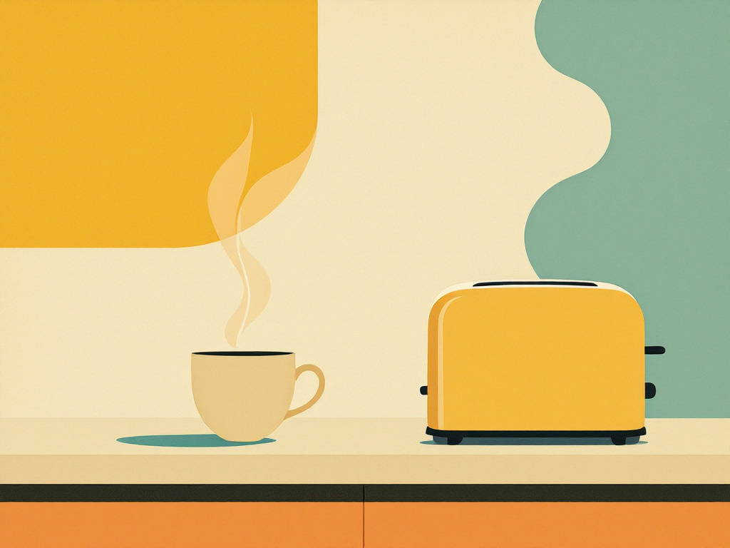 Mid-century modern graphic illustration in the style of Alvin Lustig, a simple kitchen morning scene reduced to flat geometric shapes: a round mug casting a...