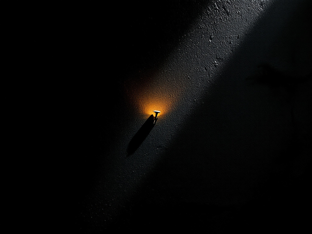 Film noir still in the style of 1940s cinema chiaroscuro: a single nail protruding from a dark plaster wall, illuminated by one hard sidelight source casting...