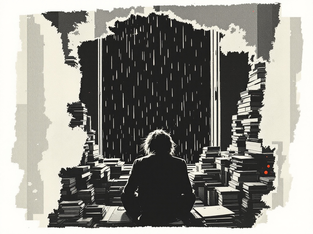 Cut-and-paste collage in the style of a 1977 Crass Records insert: a rain-streaked window reflected in a dark pane, figure seated with back turned, surrounde...