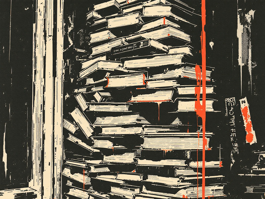 Punk zine cut-and-paste collage in the style of a 1977 DIY xerox broadsheet: stacks of books pressing hard against a door frame, photocopied halftone texture...