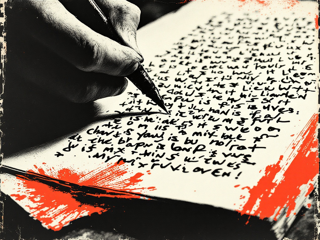 Vintage punk zine fragment showing a close-up of a hand scrawling dense margin notes across a photocopied page, extreme high-contrast xerox grain, deep shado...