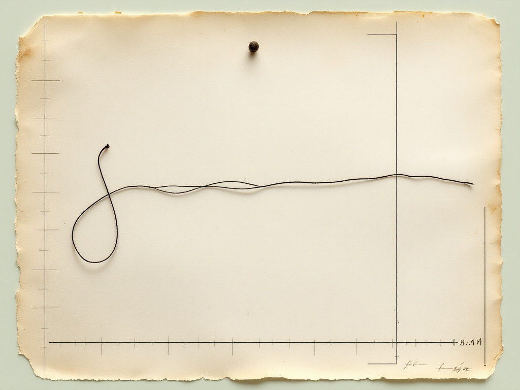 Vintage herbarium specimen sheet in the style of 19th-century anatomical botanical archives, a single length of dark surgical suture thread coiled and pinned...