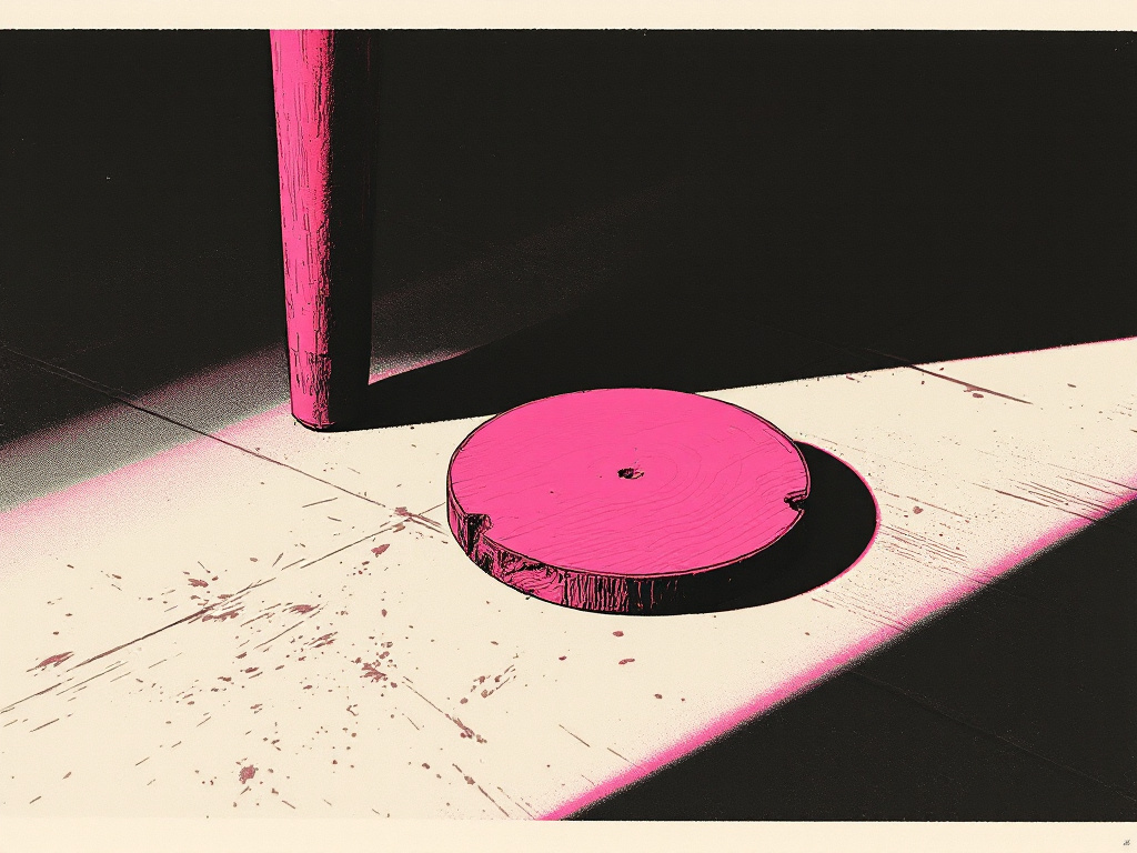 Two-color risograph print in fluorescent pink and black overprint on cream newsprint, a small wooden disk lying on its side catching a sliver of afternoon li...