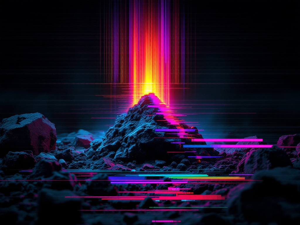 Digital glitch art in the style of corrupted video memory, a single ember cooling in ash rendered as a datamoshed still, gray crust crumbling at the edges wh...