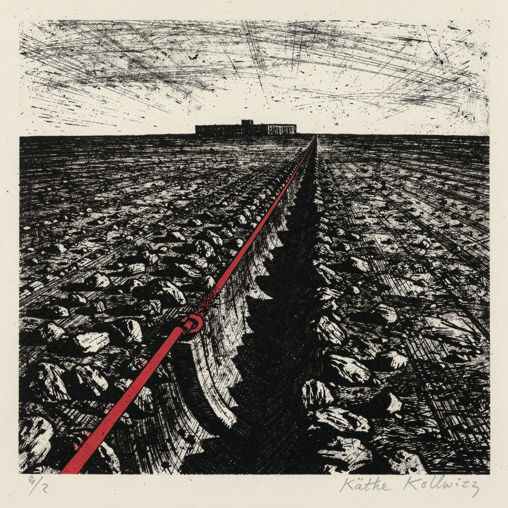 Stark black-ink woodcut in the style of Käthe Kollwitz, showing a single plow furrow cutting across a bare, empty field toward a low flat horizon, no figure...