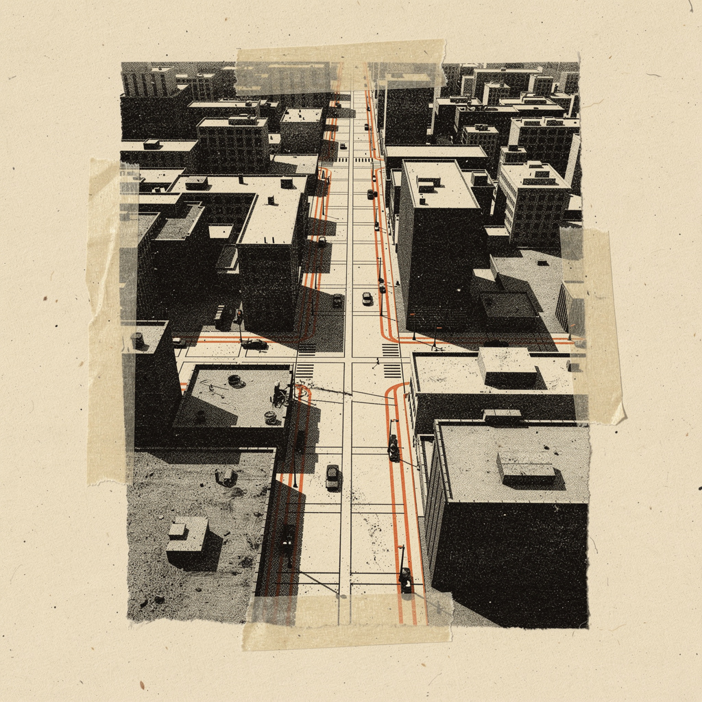 Cut-paper collage diagram of an avenue shifting one city block to the left, overlapping photocopied street grids and building silhouettes offset and taped to...