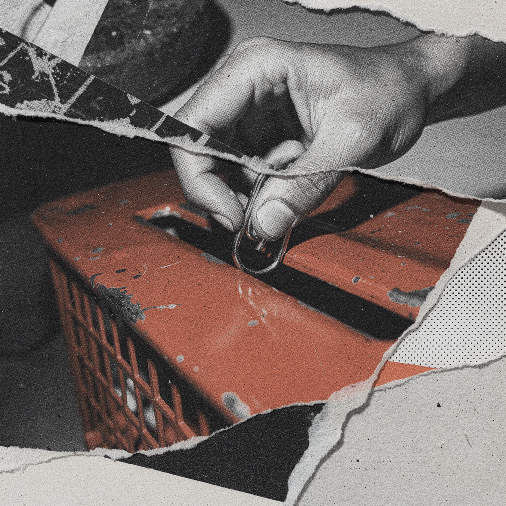 Extreme close-up collage fragment, xerox grain and halftone dots, a hand dropping a bent paper clip into a slot on a red metal basket, torn magazine texture,...
