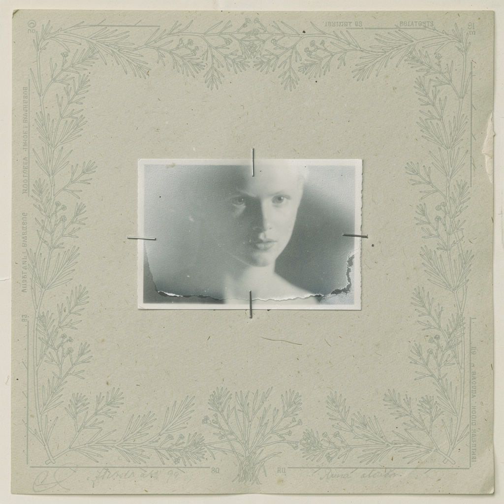 Vintage herbarium specimen sheet in the spirit of Anna Atkins's cyanotype botanical plates, but the pinned specimen is a photographic negative instead of a p...