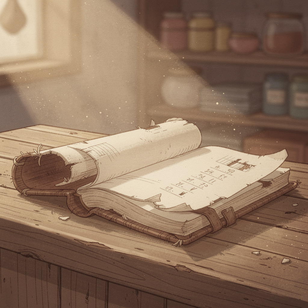 A hand-illustrated children's book plate in the style of a vintage general-store ledger illustration: a worn cloth-bound credit book lies open on a wooden co...