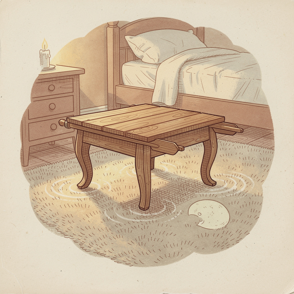 A hand-illustrated children's book plate in the style of vintage Golden Books, showing a wooden bedside table with legs bent like a rowing oar, mid-transform...