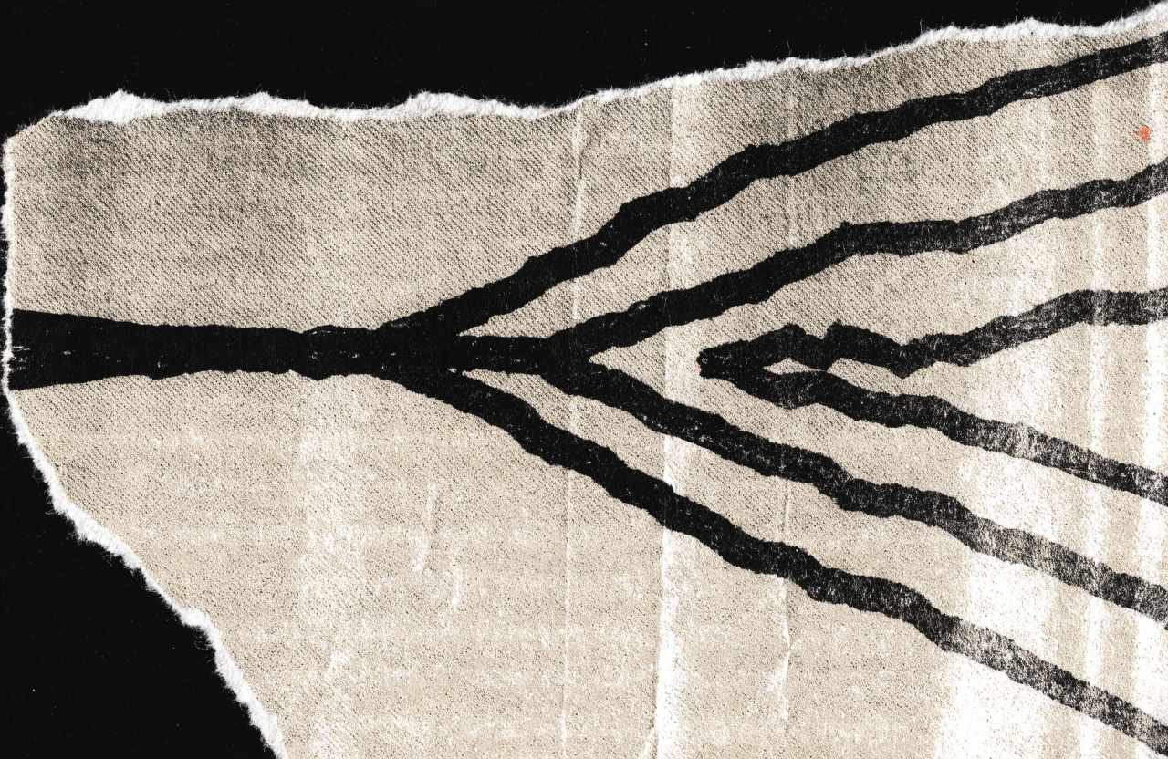 A small torn photocopy fragment showing a hand-inked measuring line multiplying into three crooked, unequal lines across bone-colored paper, rendered in raw...