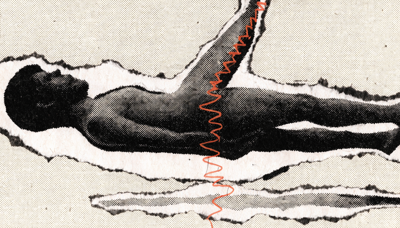 A punk zine cut-and-paste collage of a torn paper silhouette lying supine, its jagged edge stitched shut with a hand-drawn red thread that trails off into a...