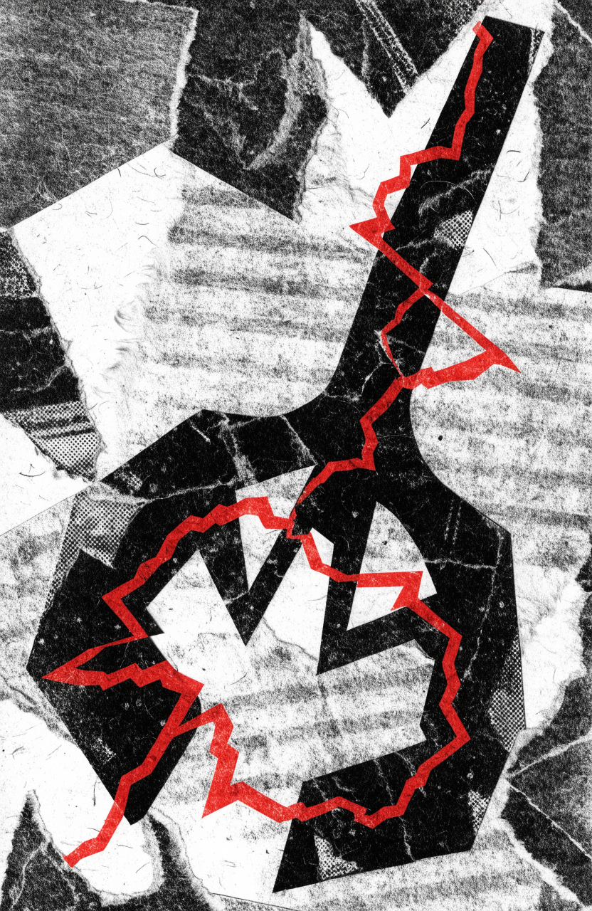An abstract cut-paper fragment shaped like a surgical instrument reduced to a geometric silhouette, overprinted with a jagged red line that doubles back on i...