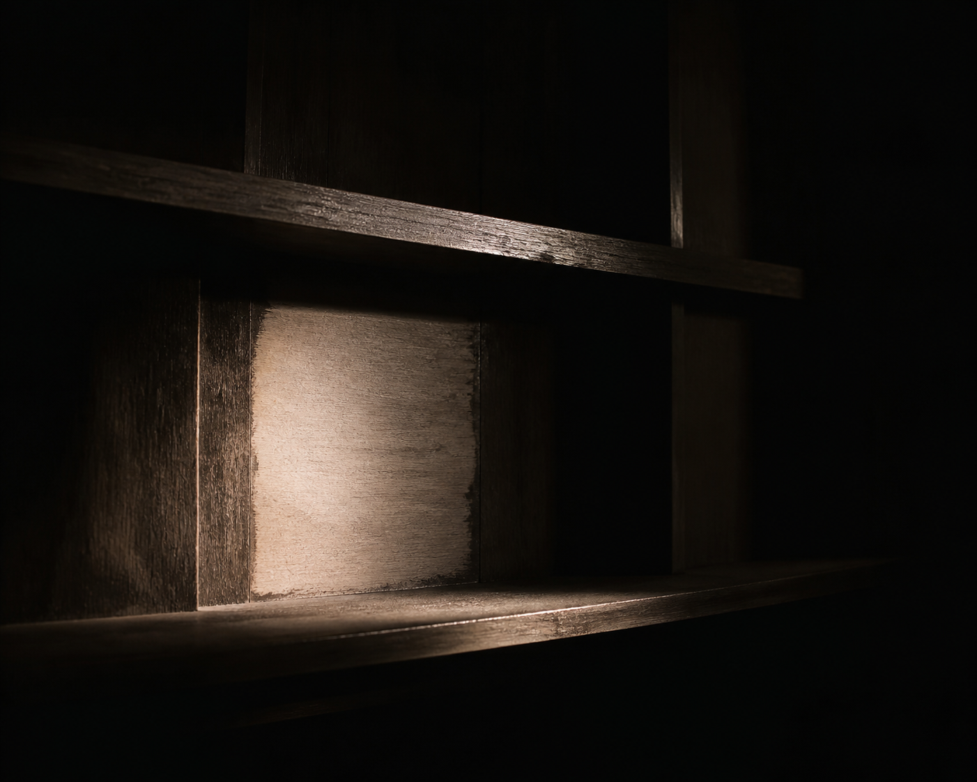 Film noir still rendered as chiaroscuro ink and silver-gelatin tone: a single hard light source rakes across a dark wooden shelf, illuminating one empty rect...