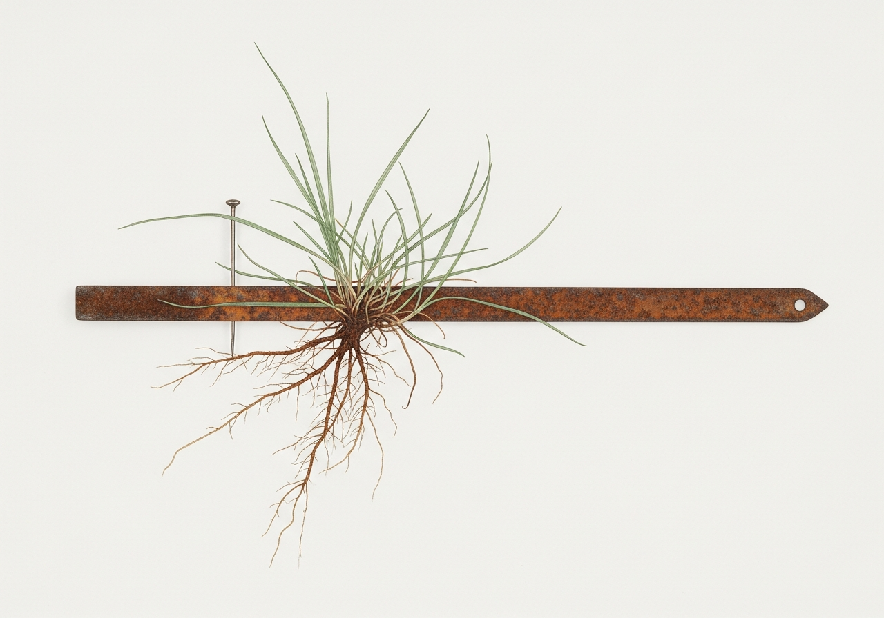 A single rusted iron survey stake pinned flat against a cold neutral ground like a pressed specimen, its length wrapped and overtaken by wiry crabgrass roots...