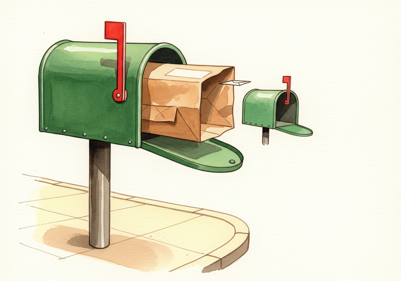 Storybook gouache illustration in the style of a mid-century hand-illustrated children's book plate: a green mailbox on a street corner with its red flag low...