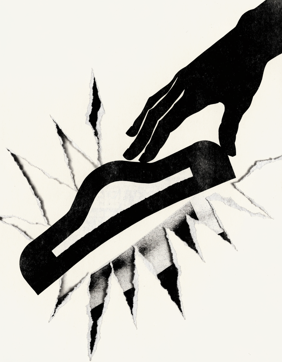 An anonymous silhouetted hand, drawn in flat high-contrast ink, presses down on a lever fragment torn from another collaged surface, its edges ragged like cu...