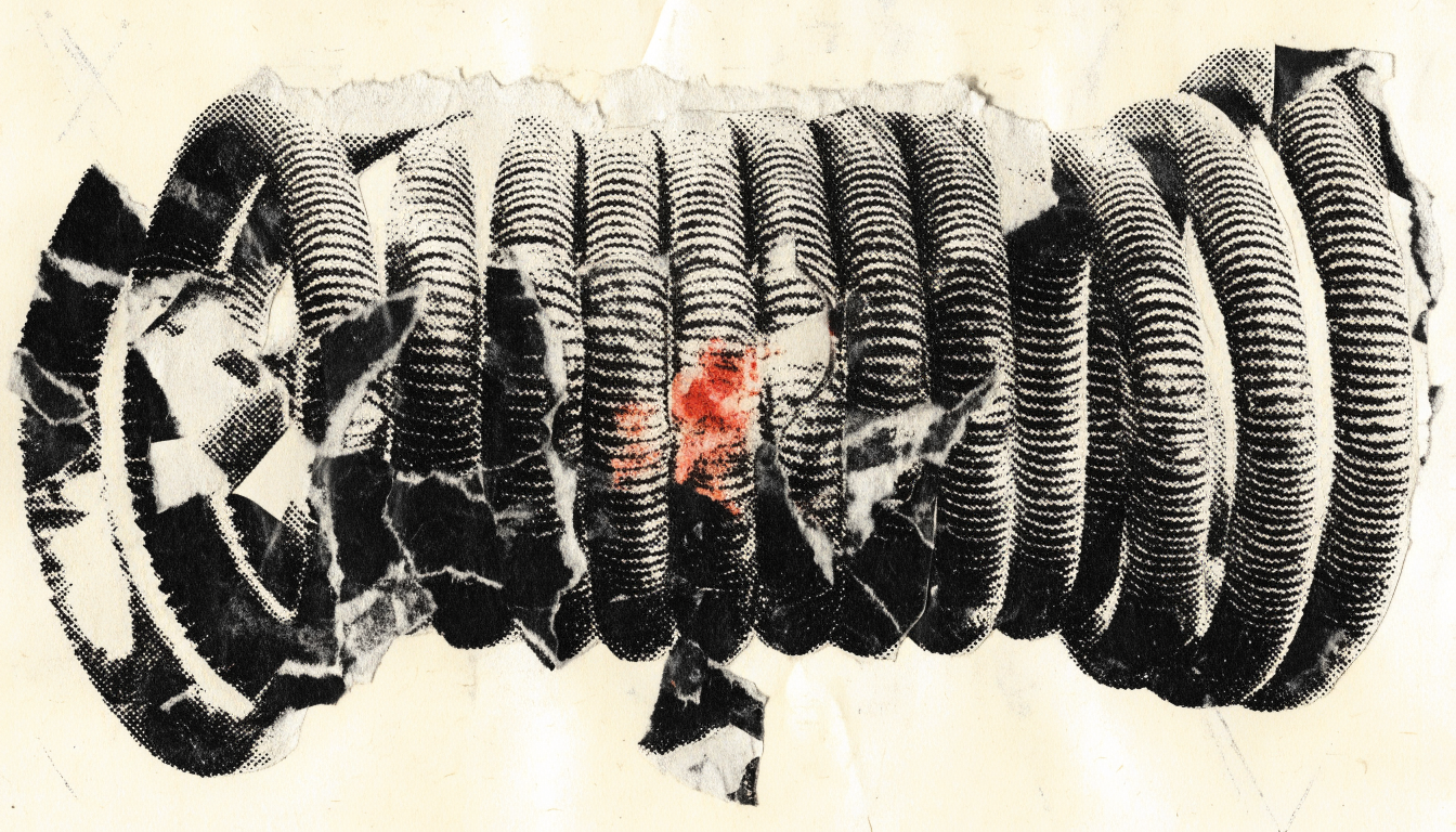 Punk zine cut-and-paste collage of an oversized coiled spring stretched past its natural limit, rendered in high-contrast photocopied halftone with visible x...
