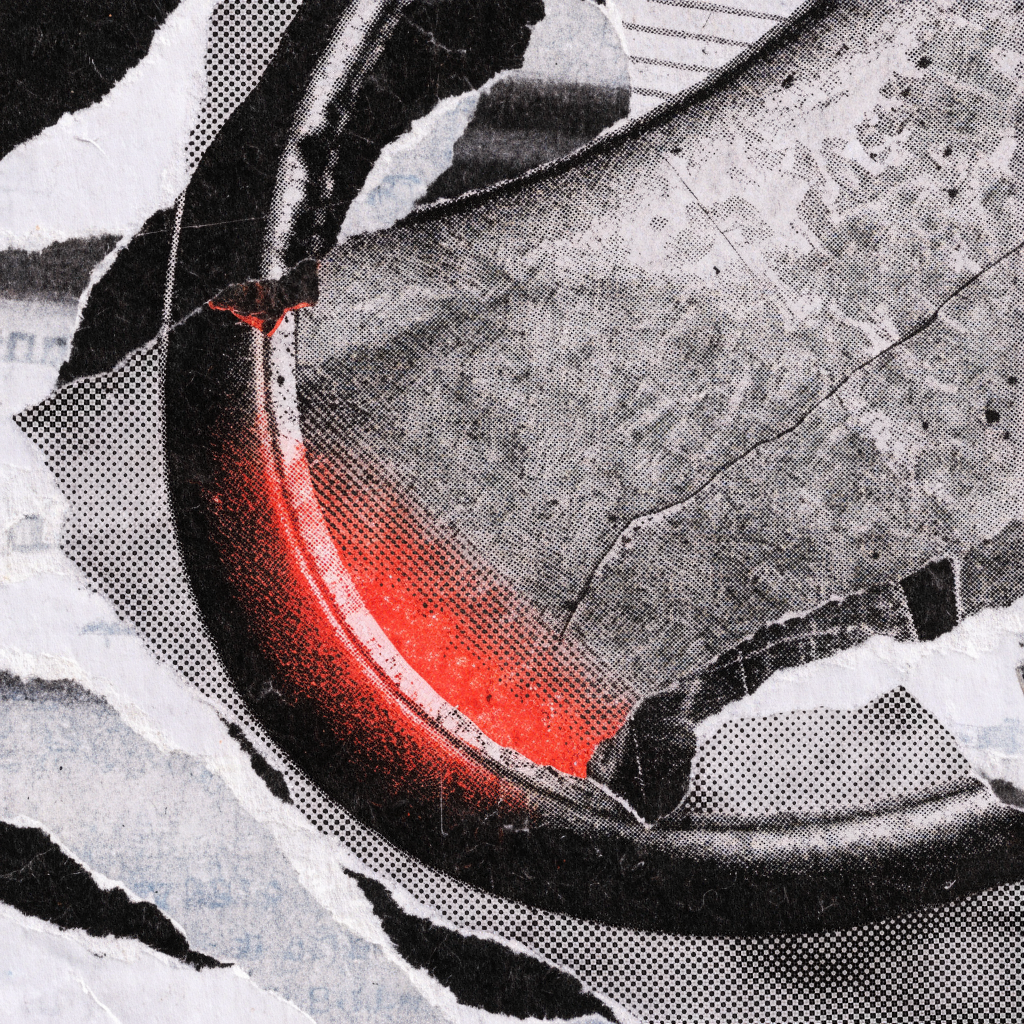 A cropped fragment of a valve seat rendered as an abstract collaged shape, its metal edge scorched with a bloom of red-orange halftone heat, torn and reassem...