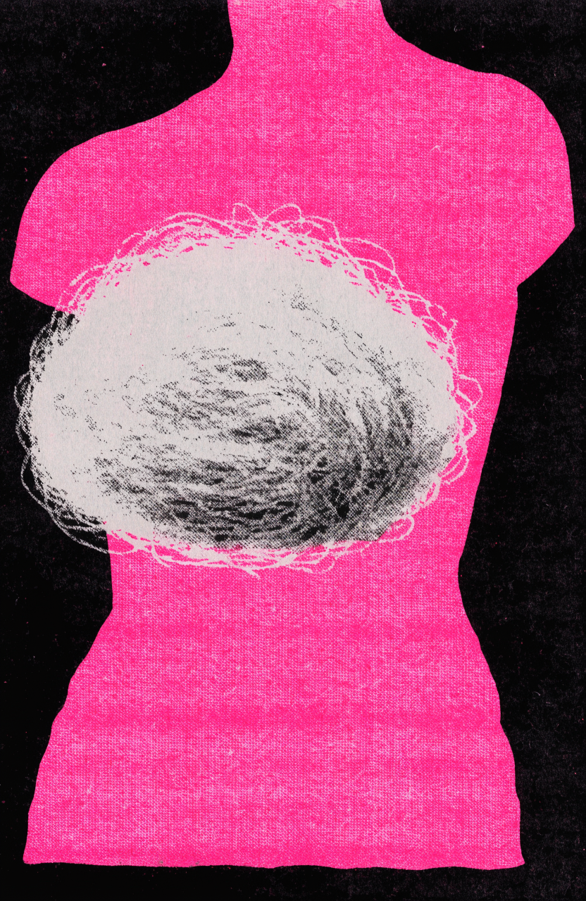 Two-color risograph print in fluorescent pink and black, a flat graphic silhouette of a torso rendered as bold poster shapes, with an impossibly oversized tu...