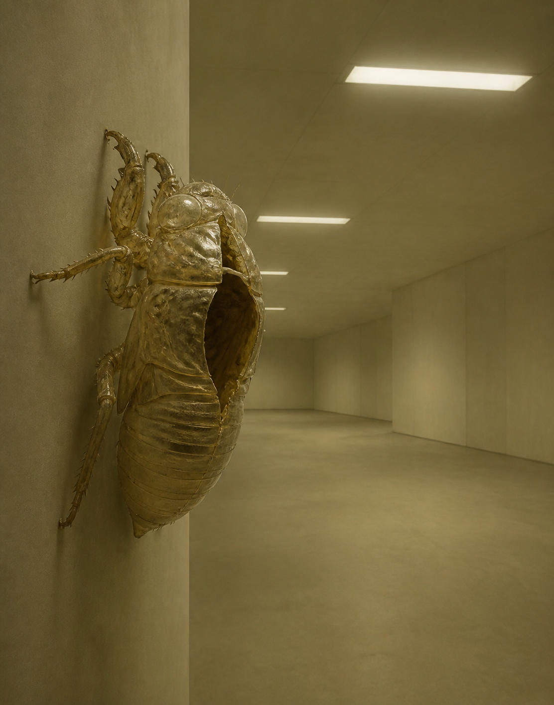A single cicada husk rendered at impossible scale, translucent amber-grey shell clinging to a smooth vertical surface inside an empty, windowless room lit by...