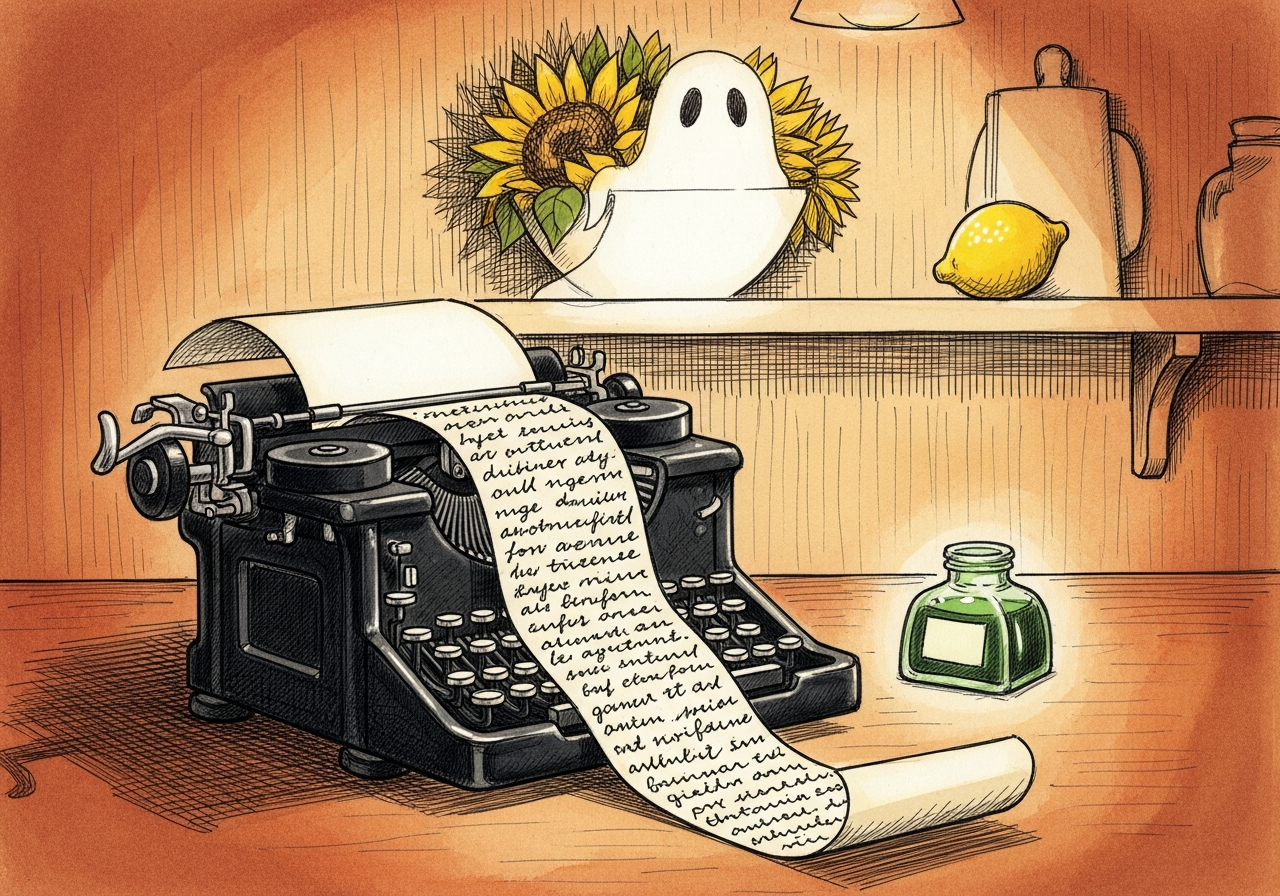 Hand-illustrated children's book plate in the style of vintage golden-age storybook illustration: an antique black typewriter's paper carriage curls a long r...