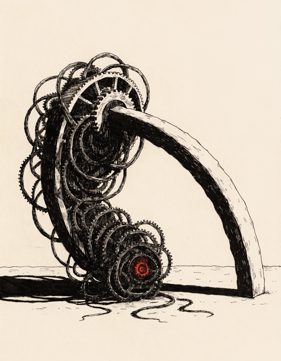 A brutalist woodcut-style illustration of a single turnstile arm rendered impossibly massive and bent under its own weight, its gears exposed as tangled iron...
