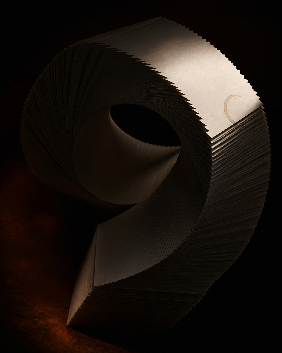 A film noir chiaroscuro still of an impossible stack of blank paper sheets that loops back into itself like an Escher staircase, curling infinitely upward an...