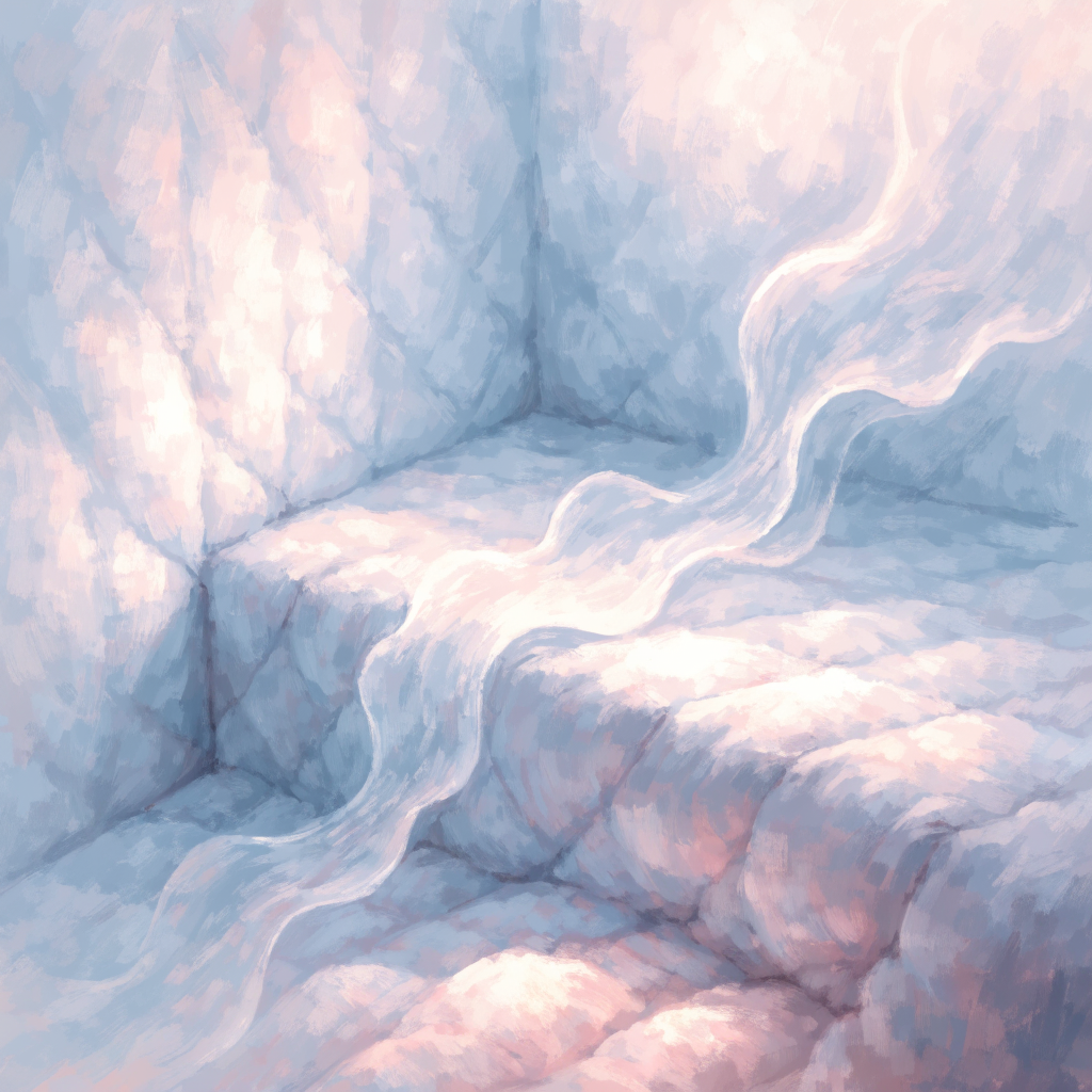 A soft-focus dream illustration in pale dusty rose and blue-grey pastel: an impossible ribbon of moonlight drifts unhurried across a quilted corner, the fabr...