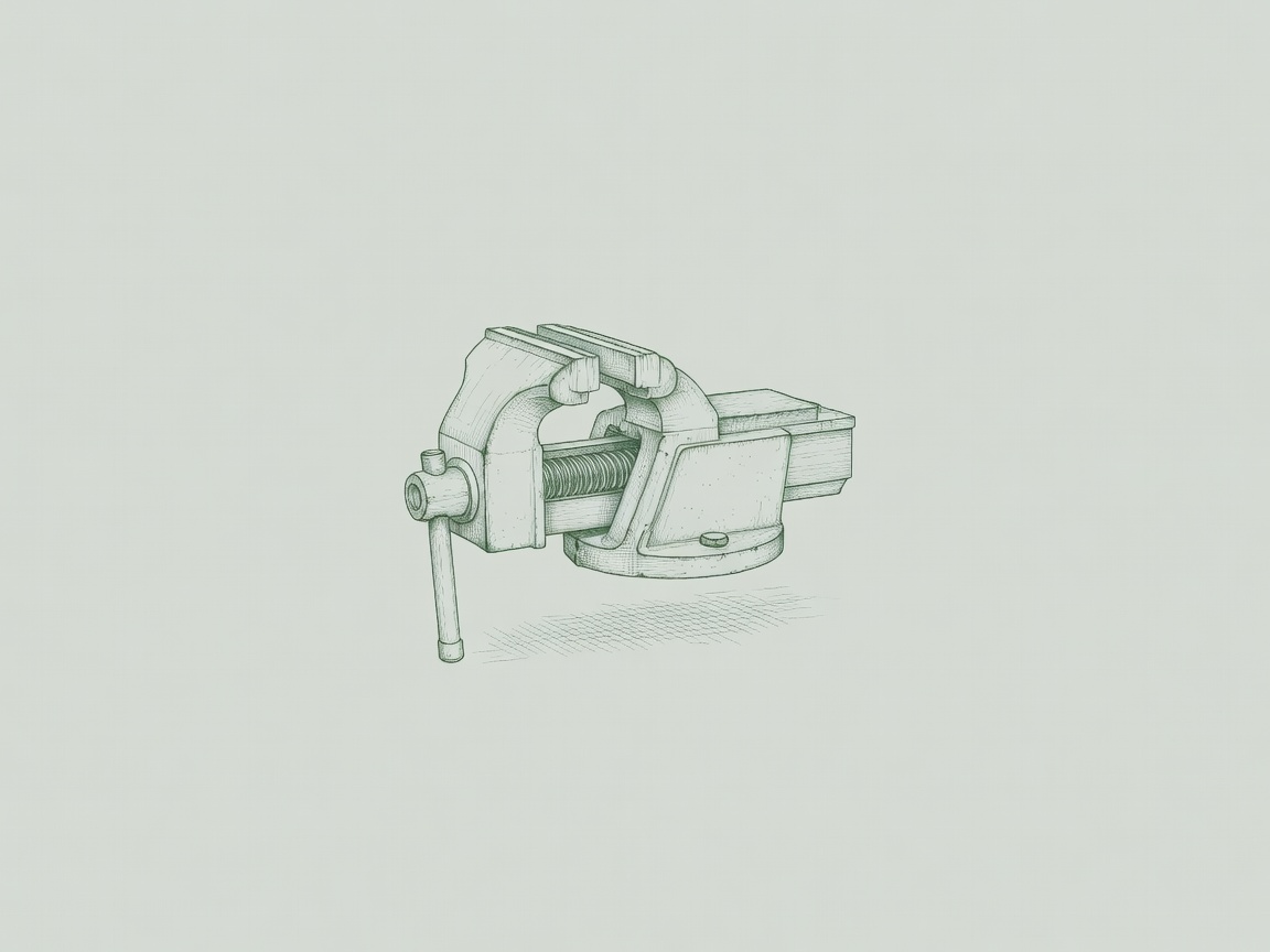 A single mechanical vise rendered in fine hairline scientific illustration linework, floating alone against a cold neutral field, muted sage ink capturing th...