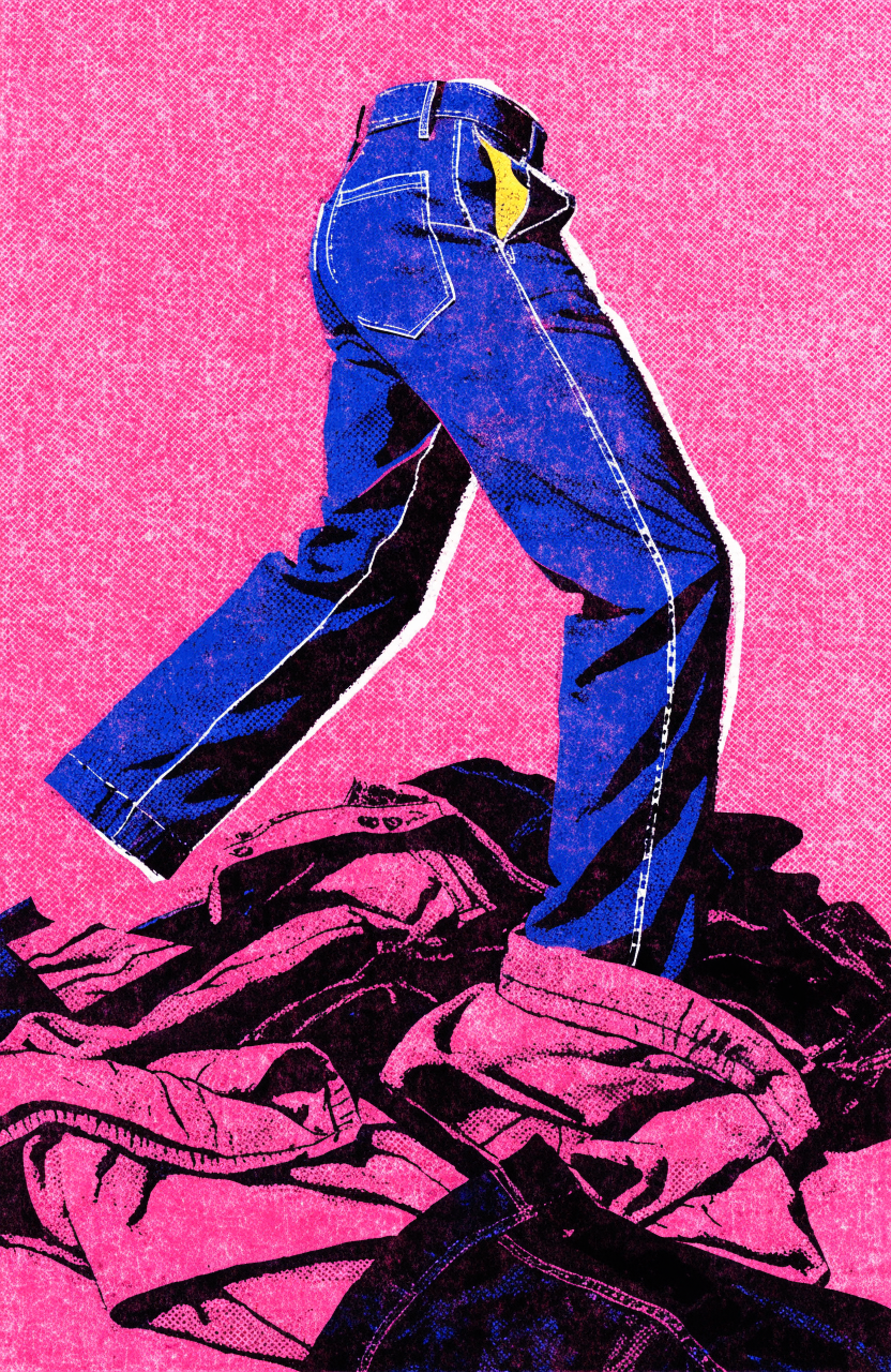 A two-color risograph print in fluorescent pink and black overprint shows a pair of blue trousers rising unaided from a laundry heap, legs mid-stride with se...