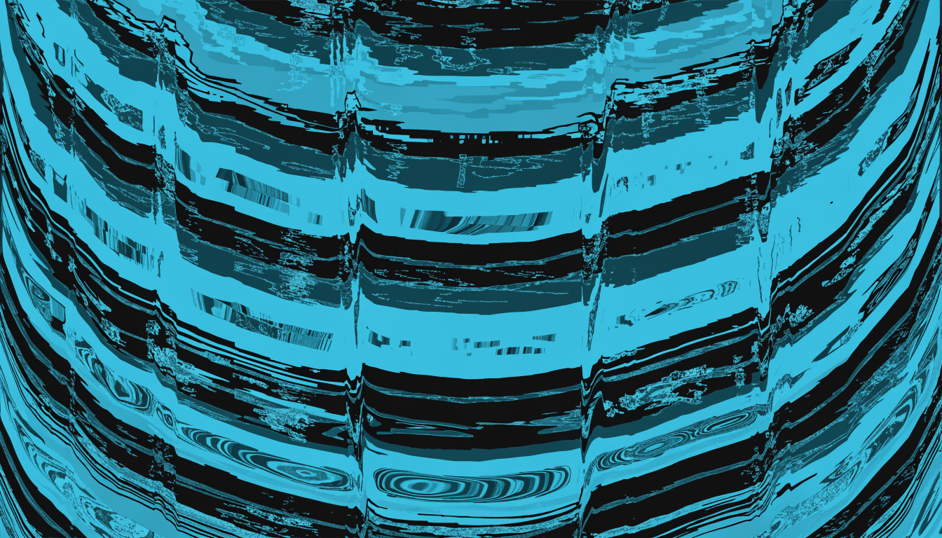 Digital glitch art of an impossibly curved pipe form filled with layered bands of still water like sedimentary strata, each band holding a faint corrupted tr...