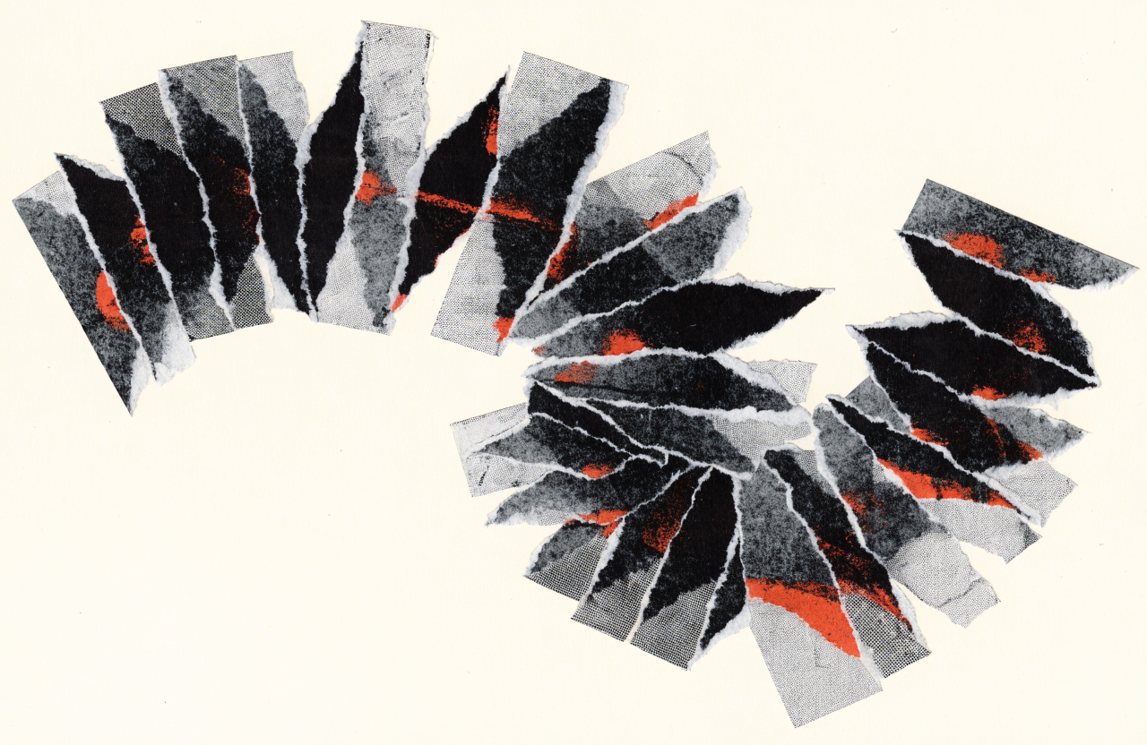 Punk zine cut-and-paste collage of jagged torn paper strips forming a crooked bending line across a cream ground, photocopied halftone grain, hand-cut edges...