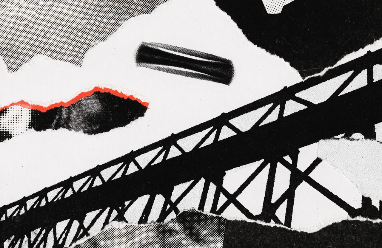 Photocopied high-contrast collage of a steel lattice bridge trestle silhouette overprinted with a small warped dark sliver hovering just off its expected lin...