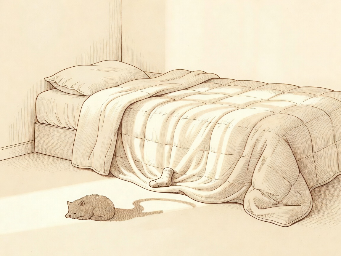 A hand-illustrated storybook plate in warm sienna ink and cream wash, an unmade bed with one corner sheet still tucked and the rest cascading like a slow wav...