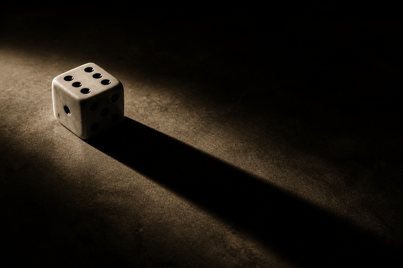 Film noir still rendered as a constructed tableau: a single oversized die rests on a bare, featureless table, its six pips catching a hard raking light from...