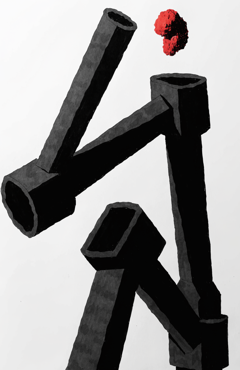 A high-contrast black ink illustration of an oversized geometric exoskeleton fragment, hollow tubular limb segments rendered as stark architectural struts ag...