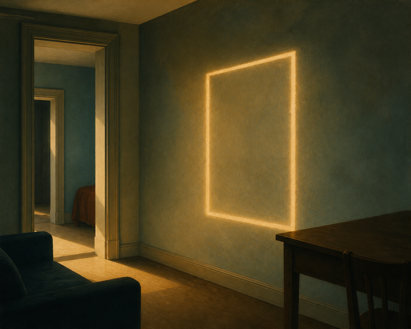 Edward Hopper style painted interior at first light, muted teal walls and ochre haze, a blank plaster wall holds a glowing rectangular outline where a window...