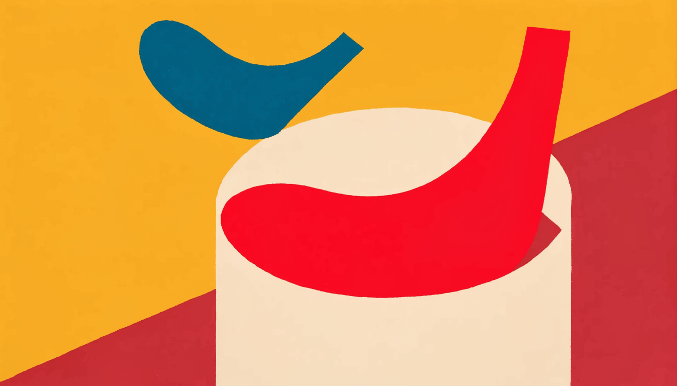 Mid-century modern flat graphic illustration in the manner of Alvin Lustig and Paul Rand: a bold red curved scoop shape rests inside an oversized cream cylin...